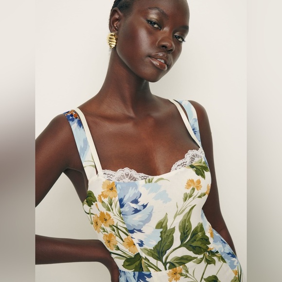 NEW Reformation Irisa Midi Dress in Botanist Cream Blue Green Floral | sz 2 - Picture 4 of 11